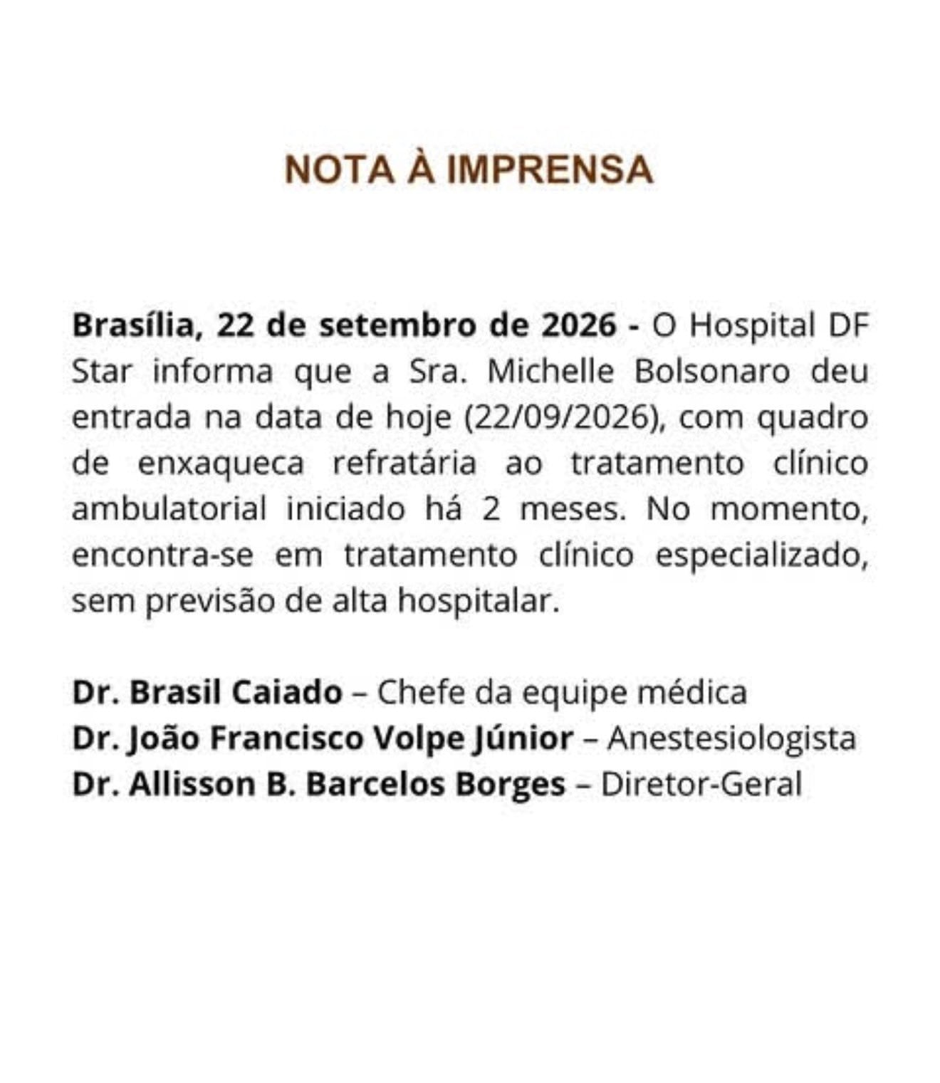 Comunicado sobre el estado de salud de la ex primera dama