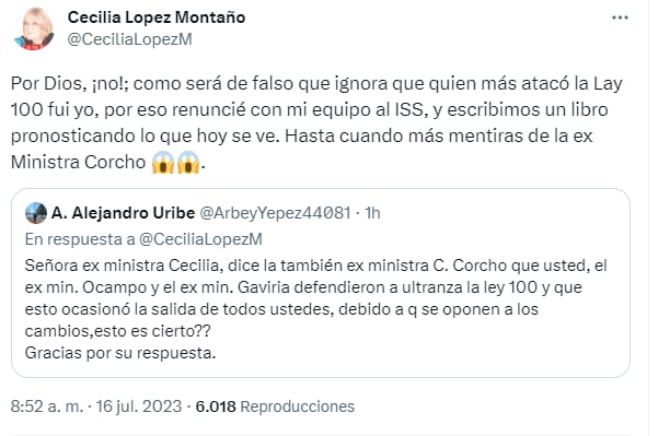 Cecilia López negó haber defendido la Ley 100, como lo asegura Carolina Corcho.