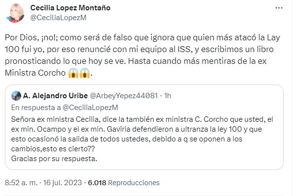 Cecilia López negó haber defendido la Ley 100, como lo asegura Carolina Corcho.