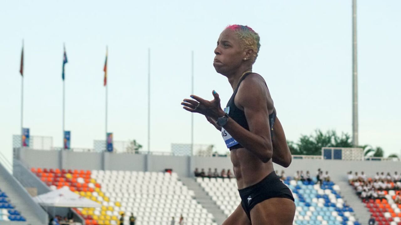 SAN SALVADOR, EL SALVADOR - JULY 05: Yulimar Rojas of Venezuela celebrates first place during the Women's Triple Jump final as part of the 2023 Central American and Caribbean Games at Jorge "Magico" Gonzalez Stadium on July 05, 2023 in San Salvador, El Salvador. (Photo by APHOTOGRAFIA/Getty Images)