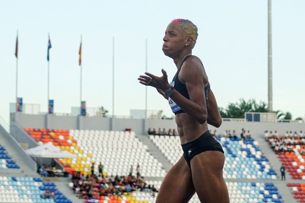 SAN SALVADOR, EL SALVADOR - JULY 05: Yulimar Rojas of Venezuela celebrates first place during the Women's Triple Jump final as part of the 2023 Central American and Caribbean Games at Jorge "Magico" Gonzalez Stadium on July 05, 2023 in San Salvador, El Salvador. (Photo by APHOTOGRAFIA/Getty Images)