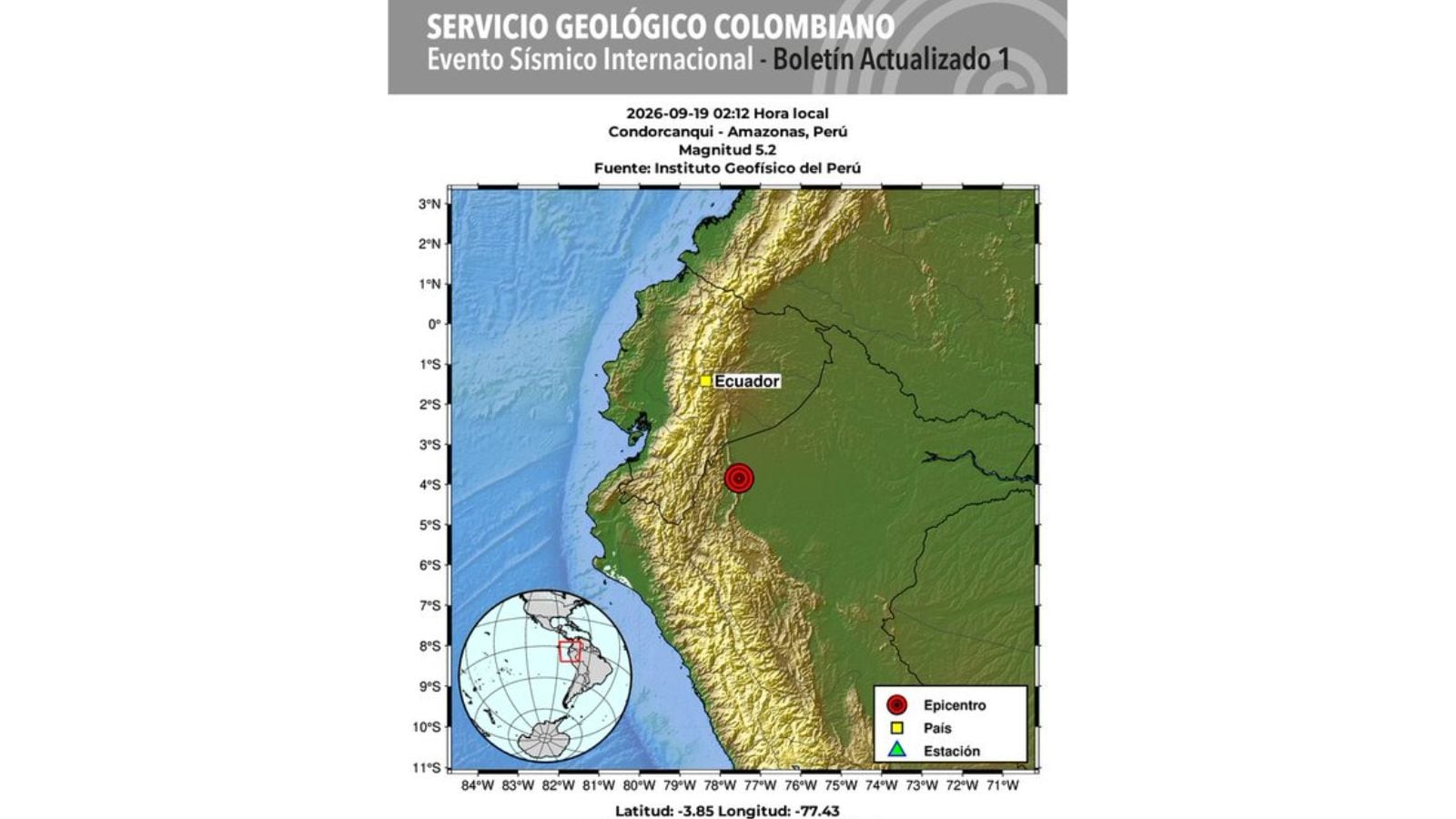 El movimiento telúrico fue registrado durante la madrugada de este sábado en la región de Amazonas, Perú.