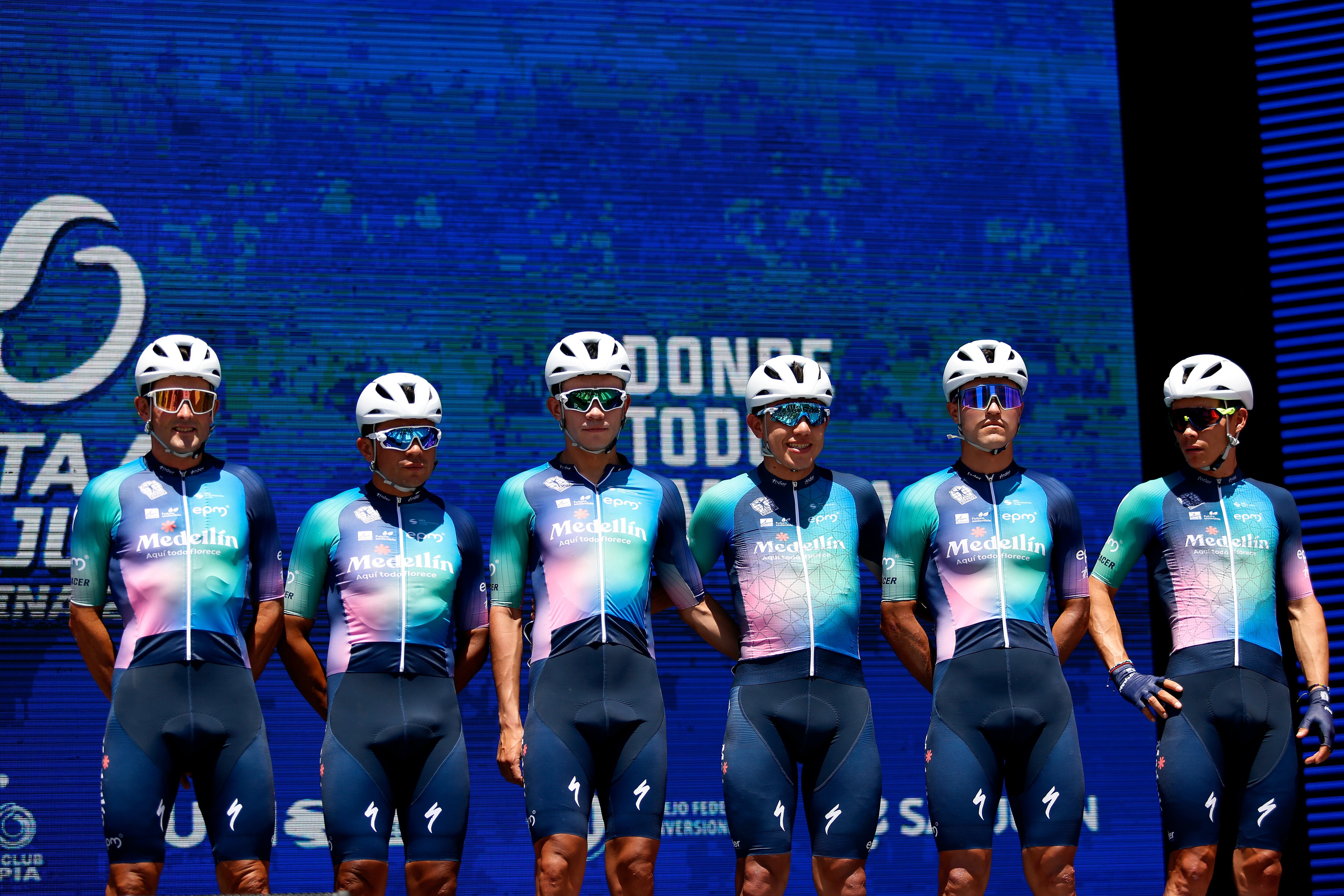 SAN JUAN, ARGENTINA - JANUARY 22: A general view of Fabio Duarte of Colombia, Javier Ernesto Jamaica of Colombia, Oscar Sevilla of Spain, Victor Ocampo of Colombia, Miguel Angel Lopez of Colombia, Brayan Sanchez of Colombia and Team Medellin - EPM prior to the 39th Vuelta a San Juan International 2023, Stage 1 a 143,9km stage from San Juan to San Juan on January 22, 2023 in San Juan, Argentina. (Photo by Maximiliano Blanco/Getty Images)