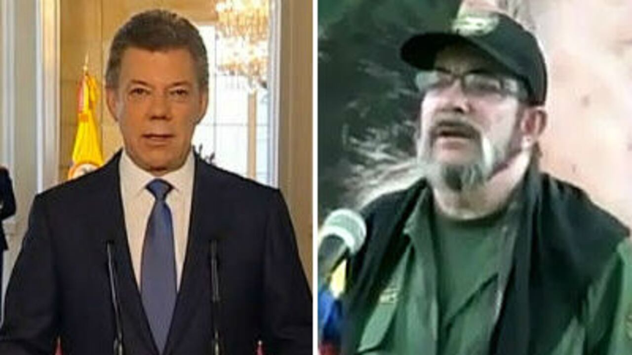 Juan Manuel Santos, presidente de la República y 'Timochenko', jefe máximo de las FARC.