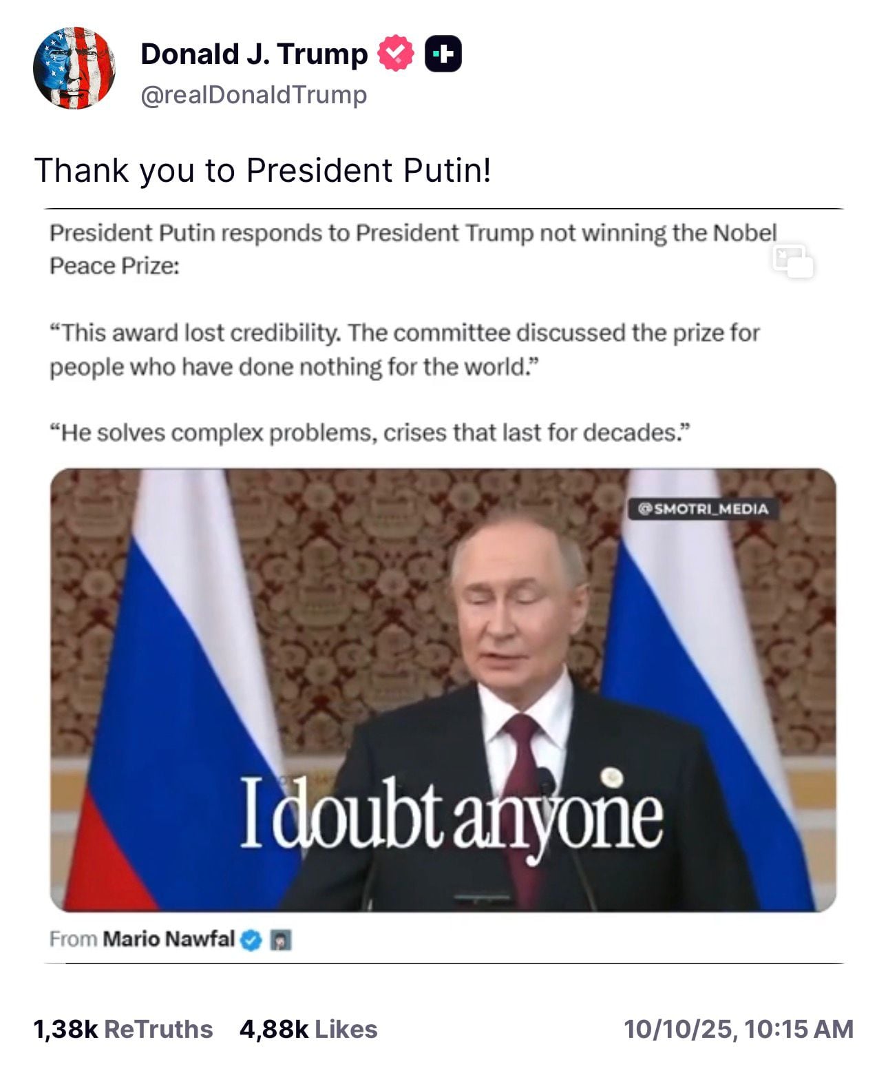 Mensaje de Trump sobre video publicado por Putin
