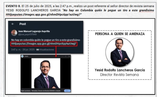 Mensaje intimidatorio contra Yesid Lancheros en X.