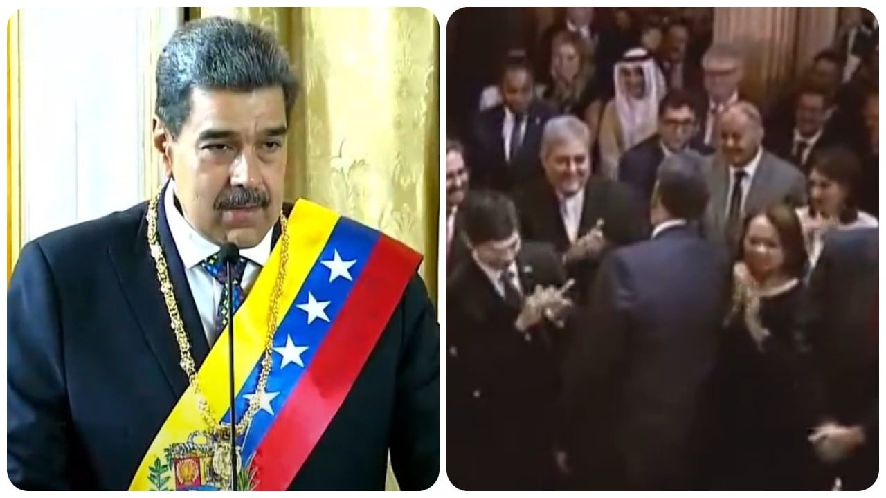 Nicolás Maduro se posesionó como presidente de Venezuela y el embajador Milton Rengifo le dio la mano.