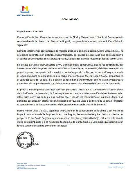 Este es el nuevo comunicado del consorcio.