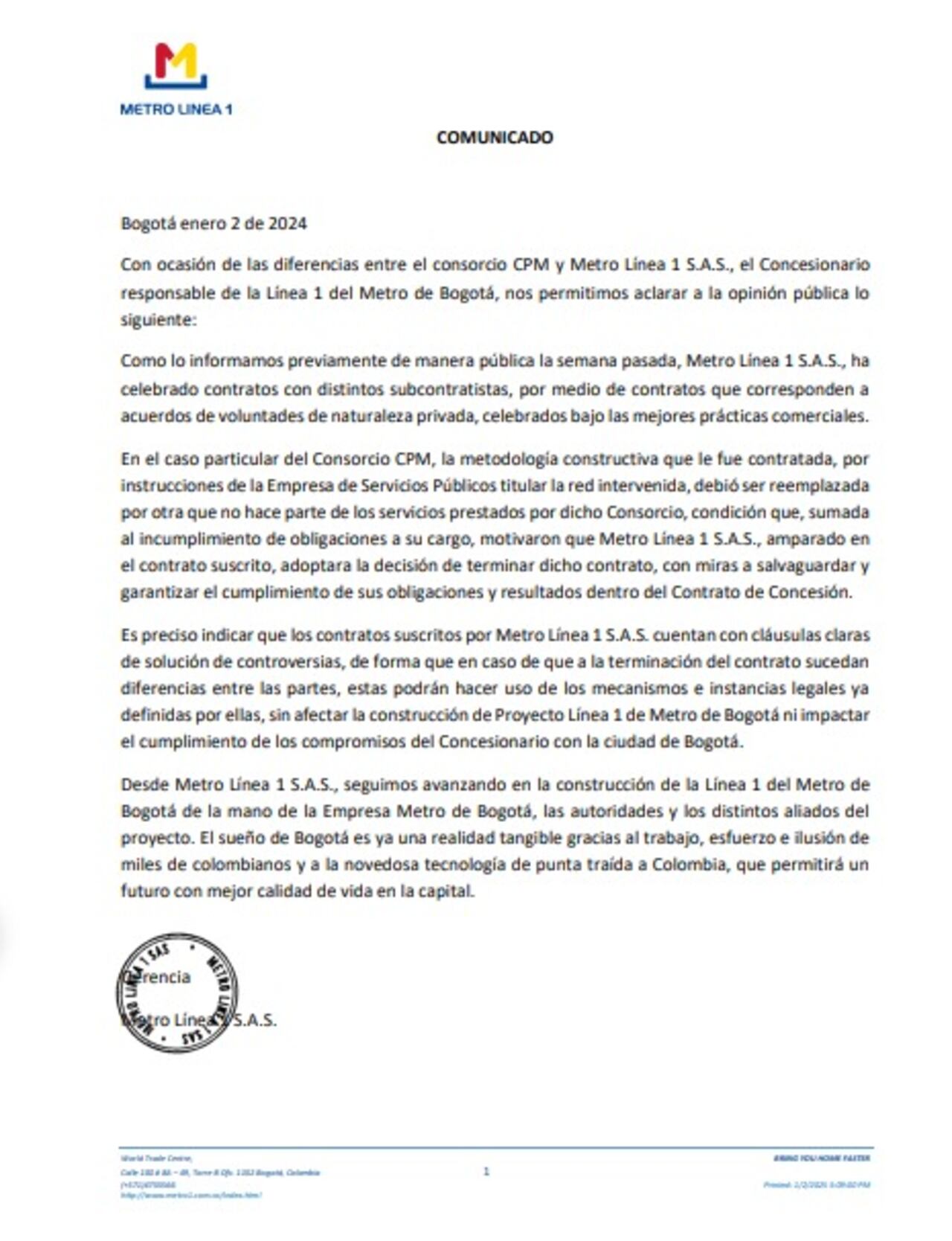 Este es el nuevo comunicado del consorcio.