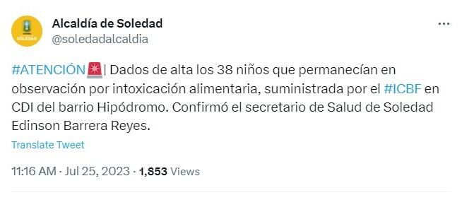 Este fue el trino hecho desde la alcaldía de Soledad
