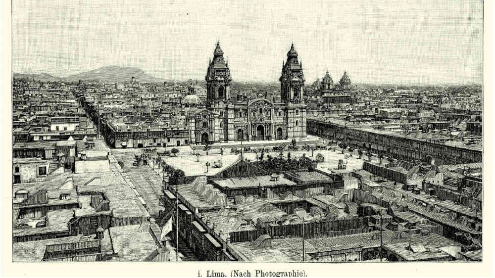Grabado de la Catedral de Lima en la Plaza Mayor de Lima, Perú.