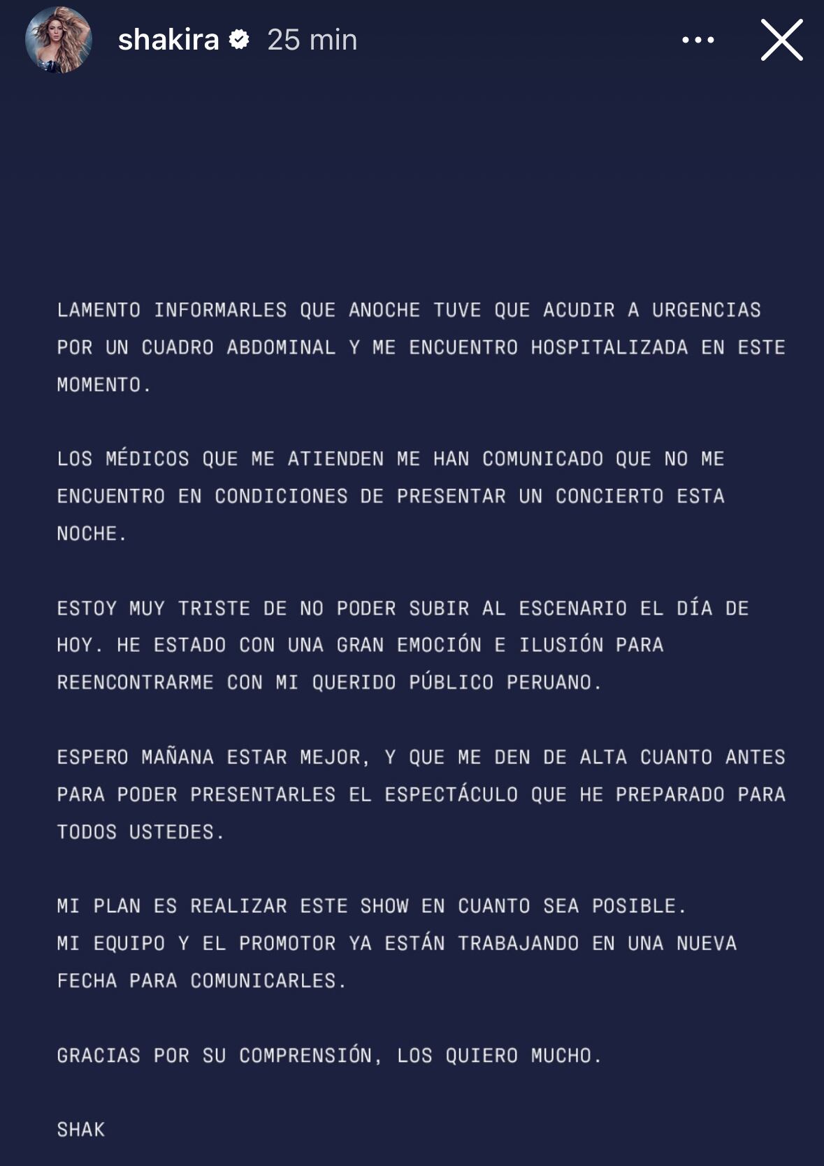 Comunicado publicado en las redes sociales de Shakira.