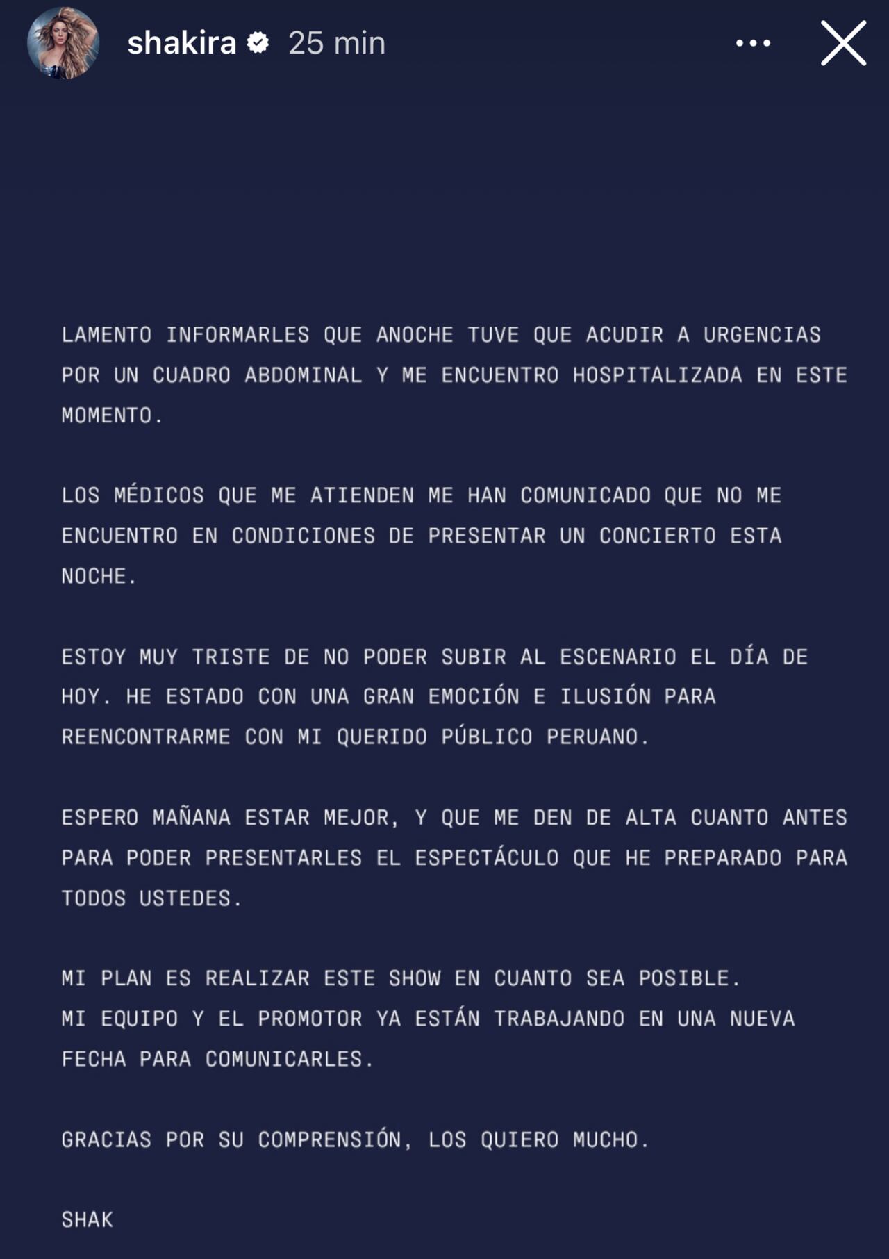 Comunicado publicado en las redes sociales de Shakira.