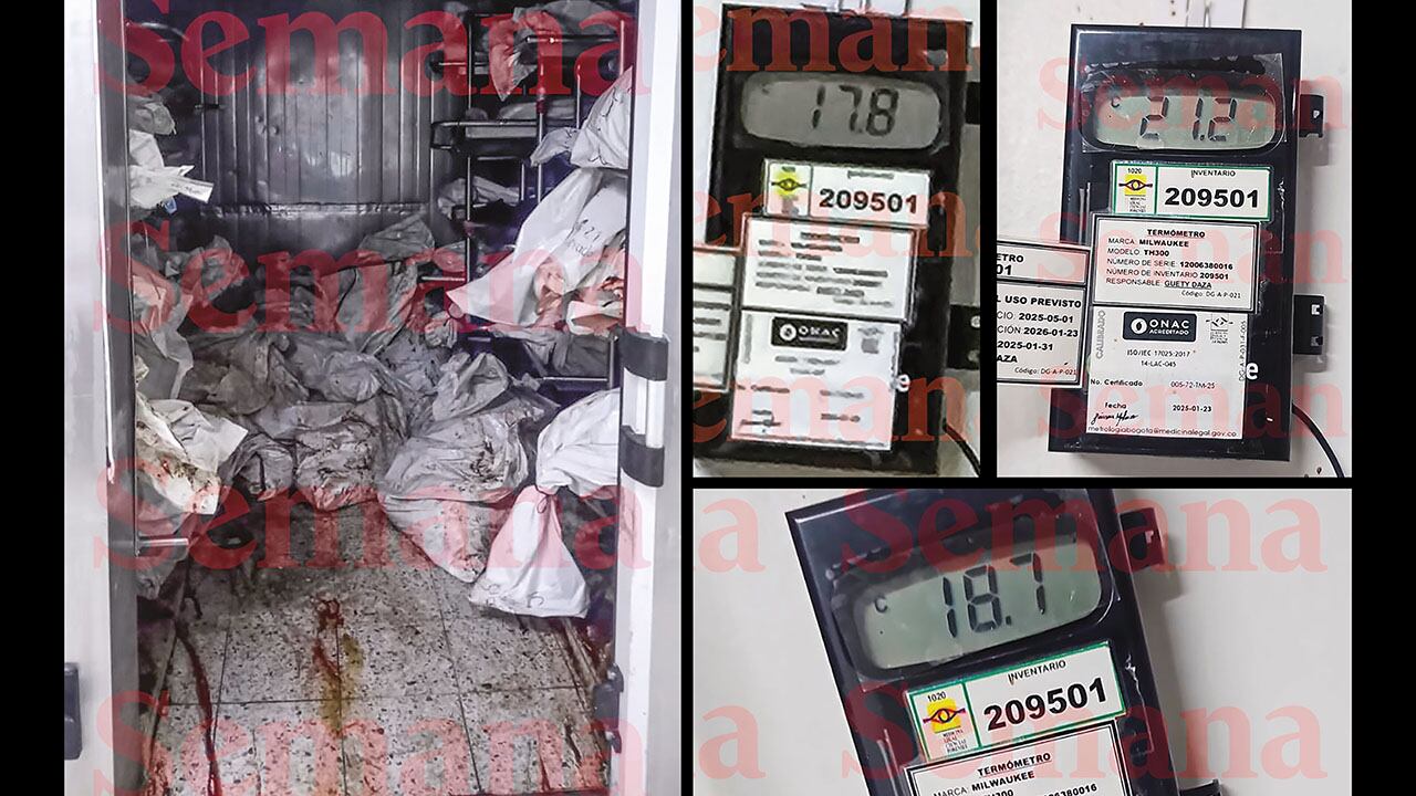 Así luce uno de los cuartos fríos de Medicina Legal en Cali. A la derecha, los equipos de la entidad, que registran temperaturas superiores a los 4 °C normales.