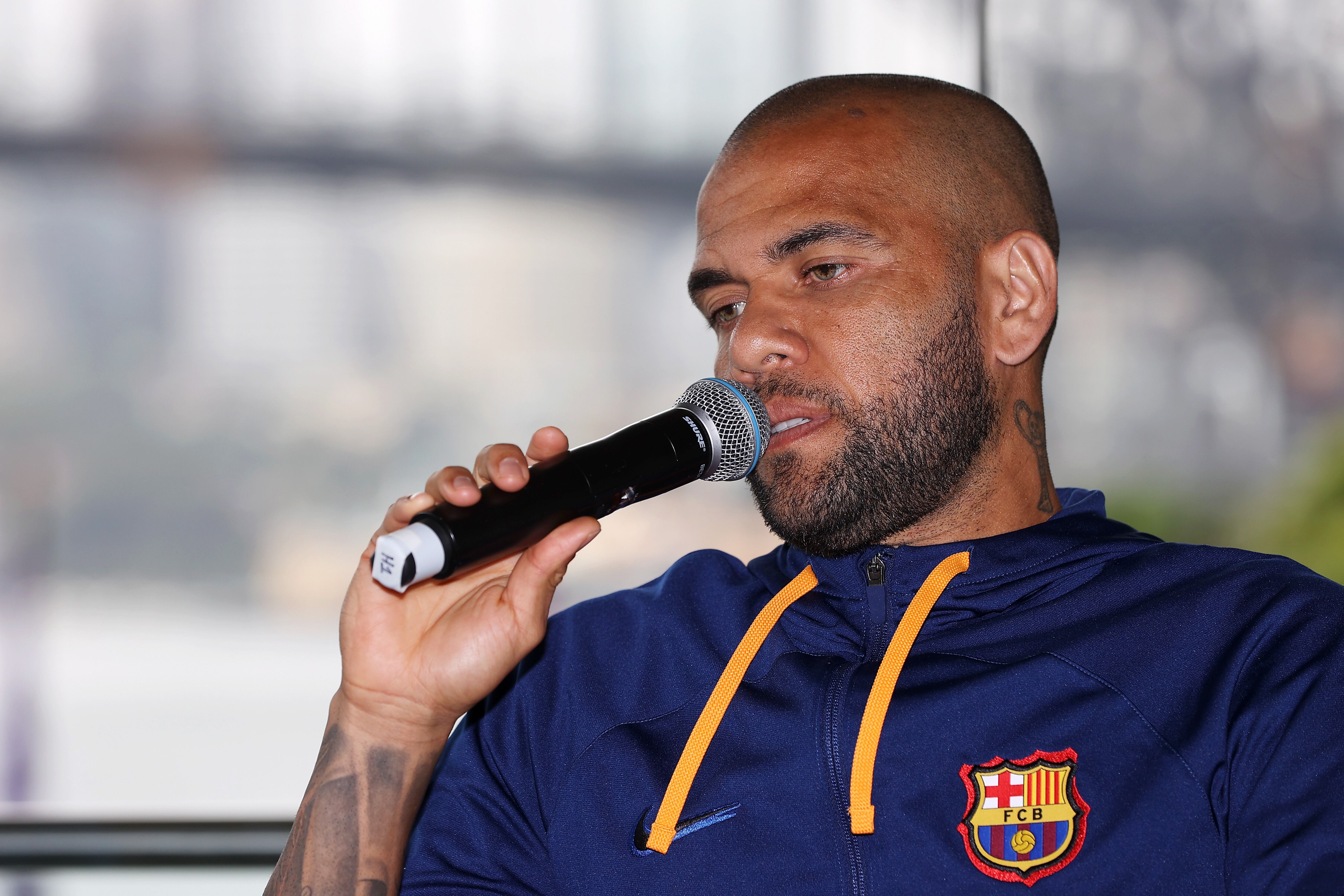 SYDNEY, AUSTRALIA - MAY 24: Dani Alves of FC Barcelona speaks to the press during a media opportunity at Pullman Grand Quay Sydney on May 24, 2022 in Sydney, Australia. (Photo by Mark Kolbe/Getty Images)