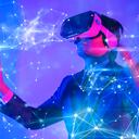 Tecnología del mundo cibernético digital Metaverse, hombre con gafas de realidad virtual VR jugando juegos y entretenimiento de realidad aumentada AR, estilo de vida futurista