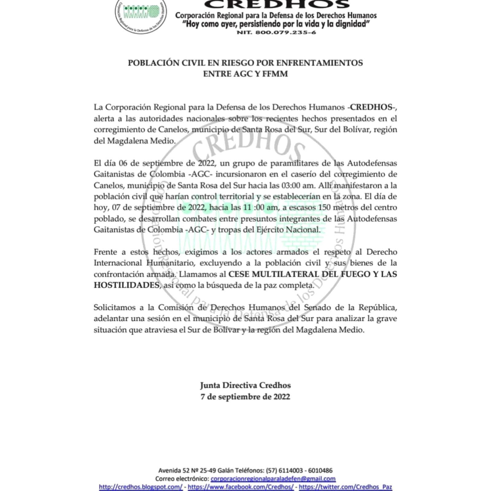 En el comunicado la ONG CredHos, pide un cese al fuego.