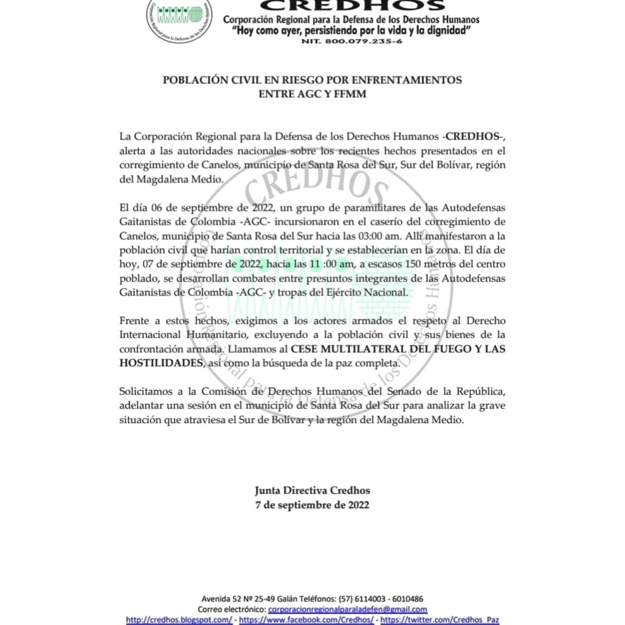 En el comunicado la ONG CredHos, pide un cese al fuego.