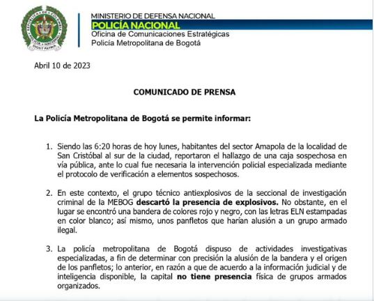 Policía de Bogotá encuentra panfletos del ELN en San Cristóbal.