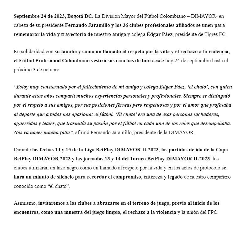 Comunicado Dimayor tras la muerte del presidente Páez.