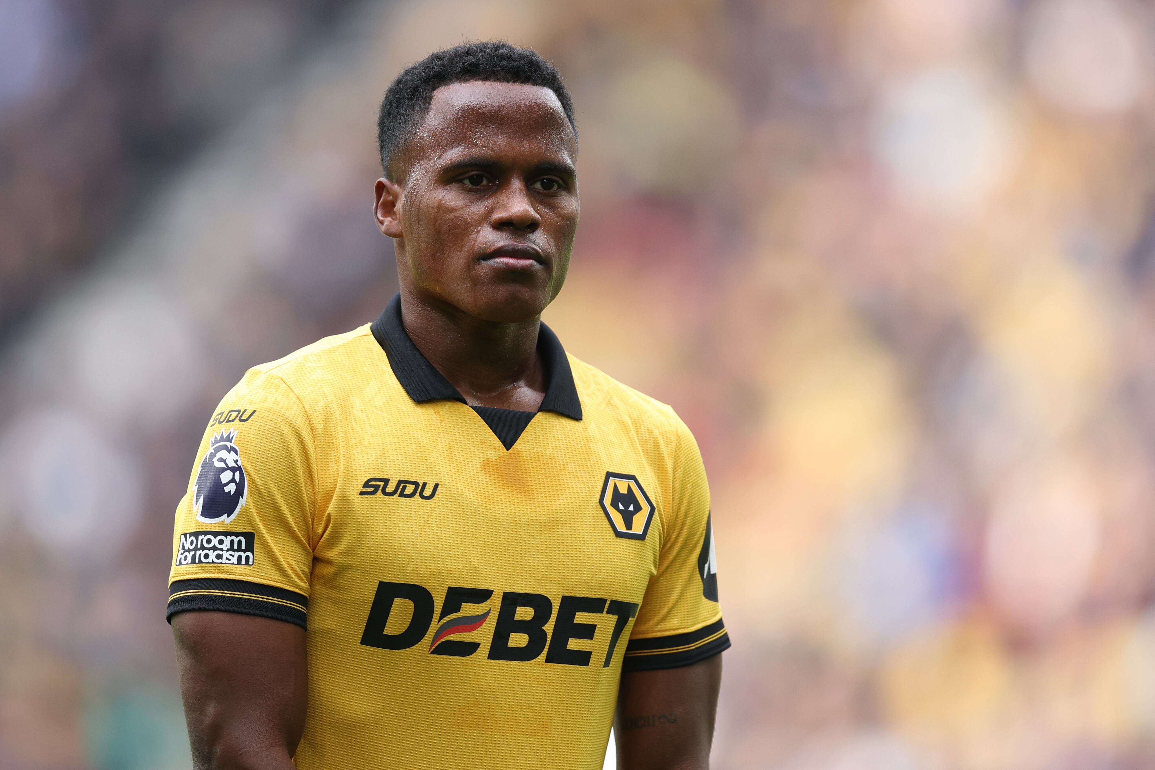 WOLVERHAMPTON, ENGLAND - OCTOBER 05: Jhon Arias of Wolverhampton Wanderers in action during the Premier League match between Wolverhampton Wanderers and Brighton & Hove Albion at Molineux on October 05, 2025 in Wolverhampton, England. (Photo by Michael Regan/Getty Images)