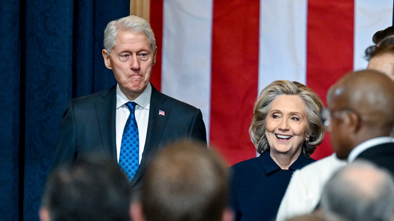 Former Secretary of State Hillary Clinton, right, and former President Bill Clinton arrive before the 60th Presidential Inauguration in the Rotunda of the U.S. Capitol in Washington, Monday, Jan. 20, 2025. (Kenny Holston/The New York Times via AP, Pool)