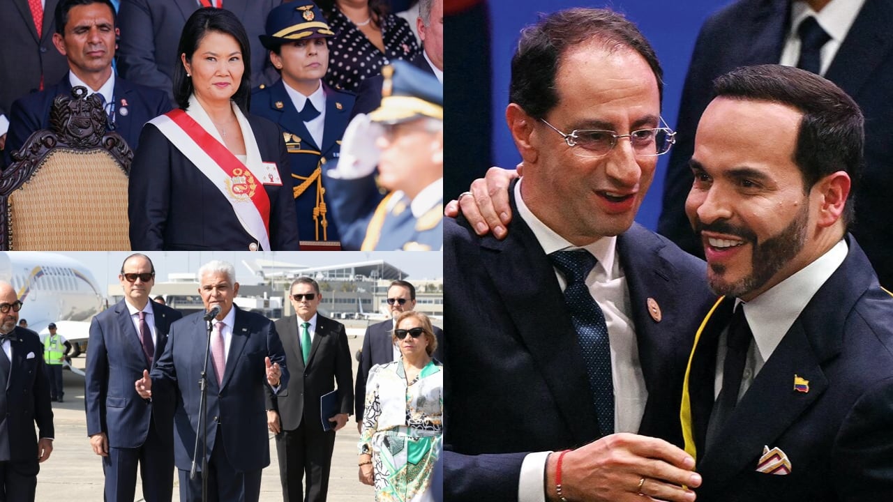 Keiko Fujimori, presidenta de Perú; José Raúl Molino, presidente de Panamá; José Manuel Restrepo y Abelardo De La Espriella, vicepresidente y presidente de Colombia, respectivamente.