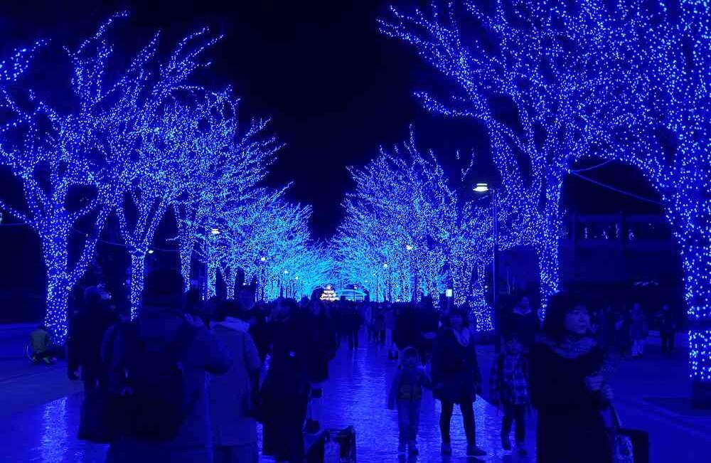 La gente camina bajo iluminaciones con el tema de 'Cueva Azul' en el Parque Yoyogi en Tokio el 20 de diciembre de 2017. El evento de iluminación con 600,000 bombillas se mostrará hasta el 31 de diciembre de 2017. Foto: AFP / KAZUHIRO NOGI