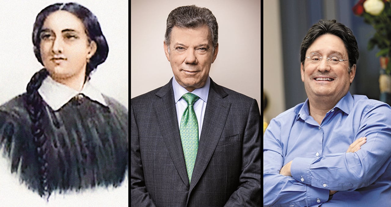 El expresidente Juan Manuel Santos y el exvicepresidente Francisco Santos, que son primos, figuran en la prole de José María Santos Plata, hermano de la heroína Antonia Santos, fusilada por patriota.