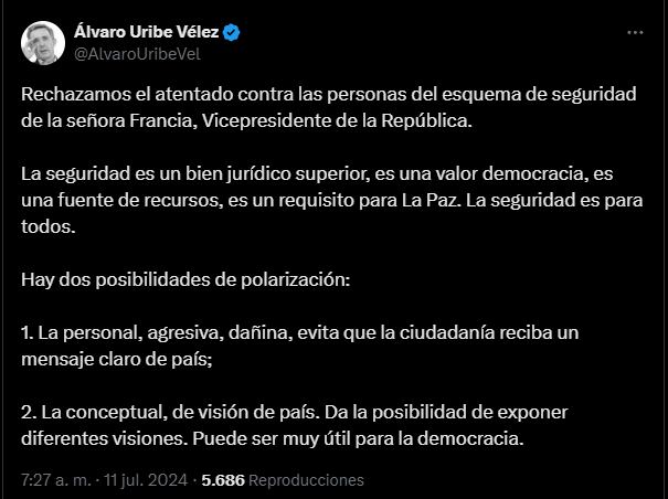Publicación de Álvaro Uribe en X.