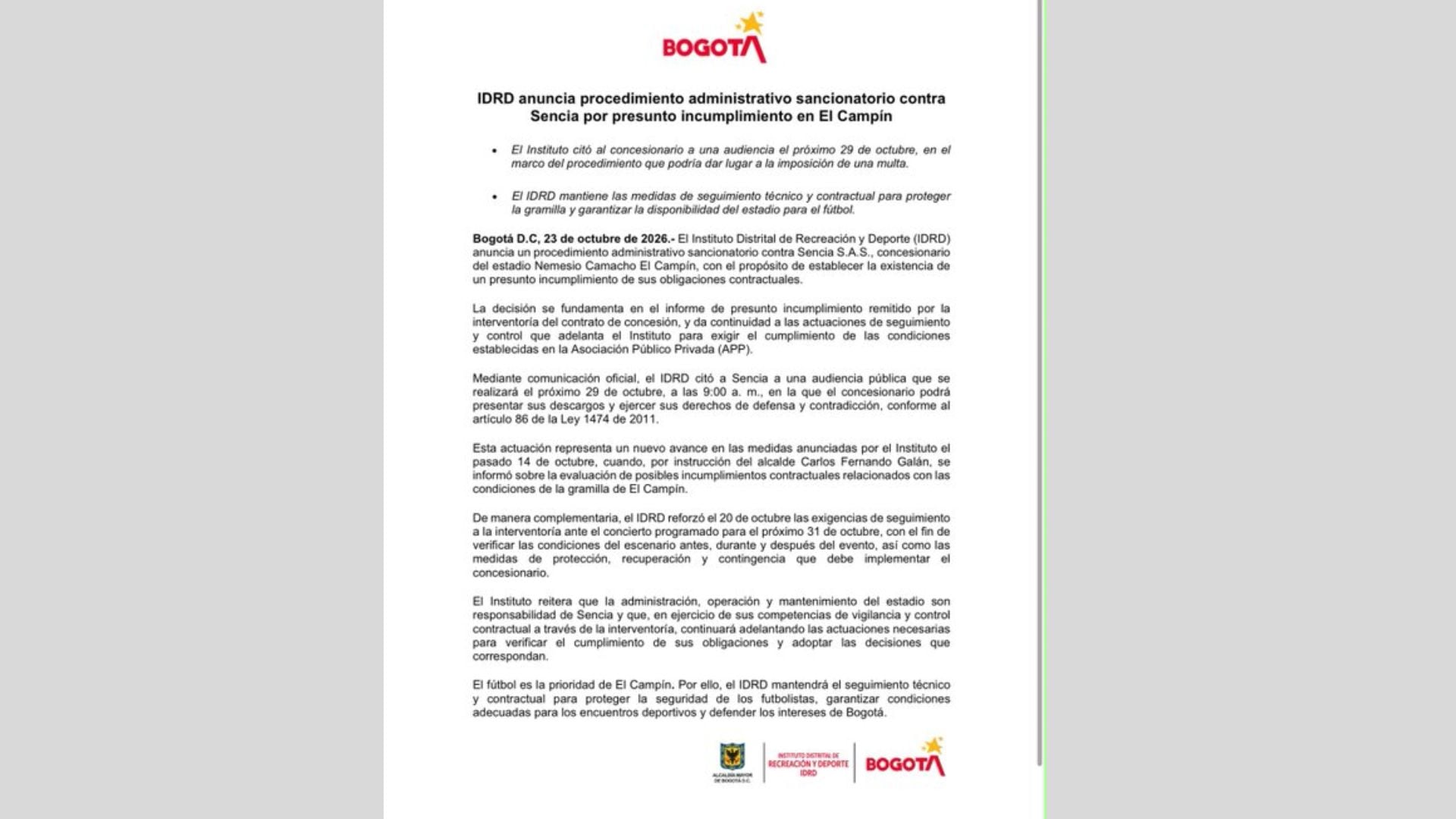 Imagen comunicado del IDRD donde se anuncia el proceso sancionatorio contra Sencia.