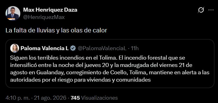Max Henríquez respondió a Paloma Valencia y señaló las condiciones detrás de la emergencia.