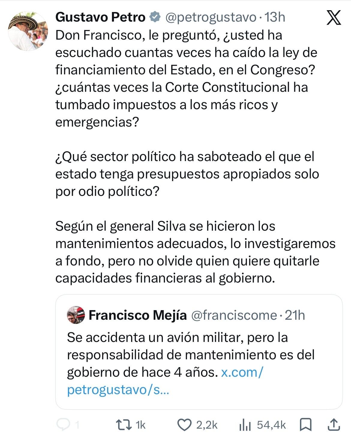 Mensaje del presidente Gustavo Petro con restricción para comentarios.