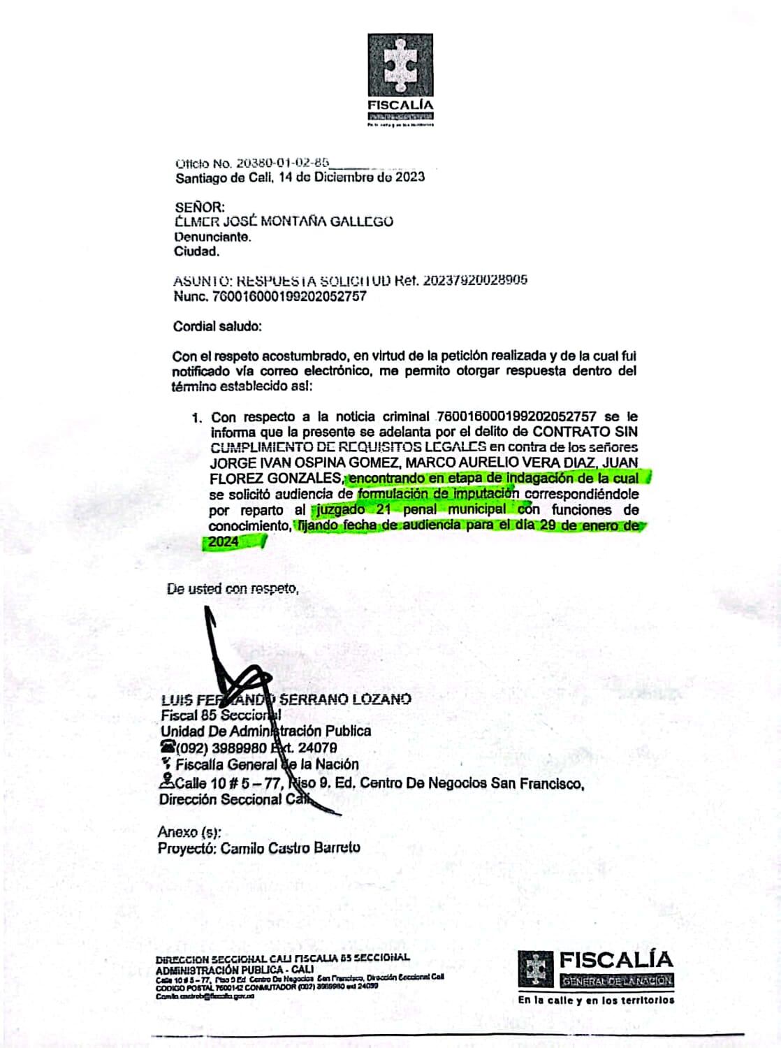 Información de la citación del alcalde Jorge Iván Ospina y demás implicados en el presunto caso de corrupción. Para el juzgado 21 penal municipal con fijando fecha de audiencia para el día 29 de enero de 2024.