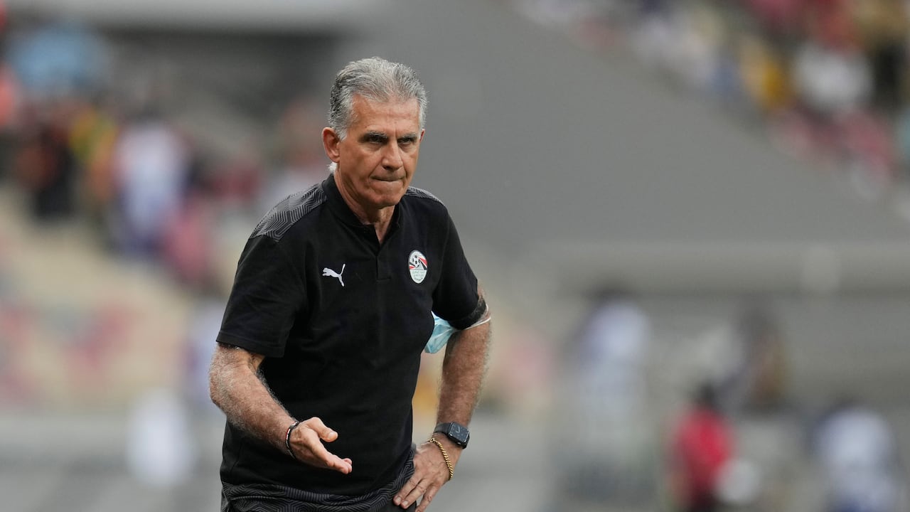 Egypt's head coach Carlos Queiroz gives instructions to his players during the African Cup of Nations 2022 round of 16 soccer match between Ivory Coast and Egypt at the Japoma Stadium in Douala, Cameroon, Wednesday, Jan. 26, 2022. (AP Photo/Themba Hadebe)