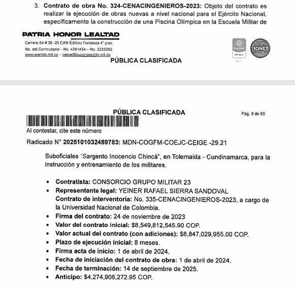 El documento del Ejército confirma que la piscina tenía que ser entregada en septiembre del 2025 y como se evidencia en el trino del Ejército sigue en obra.