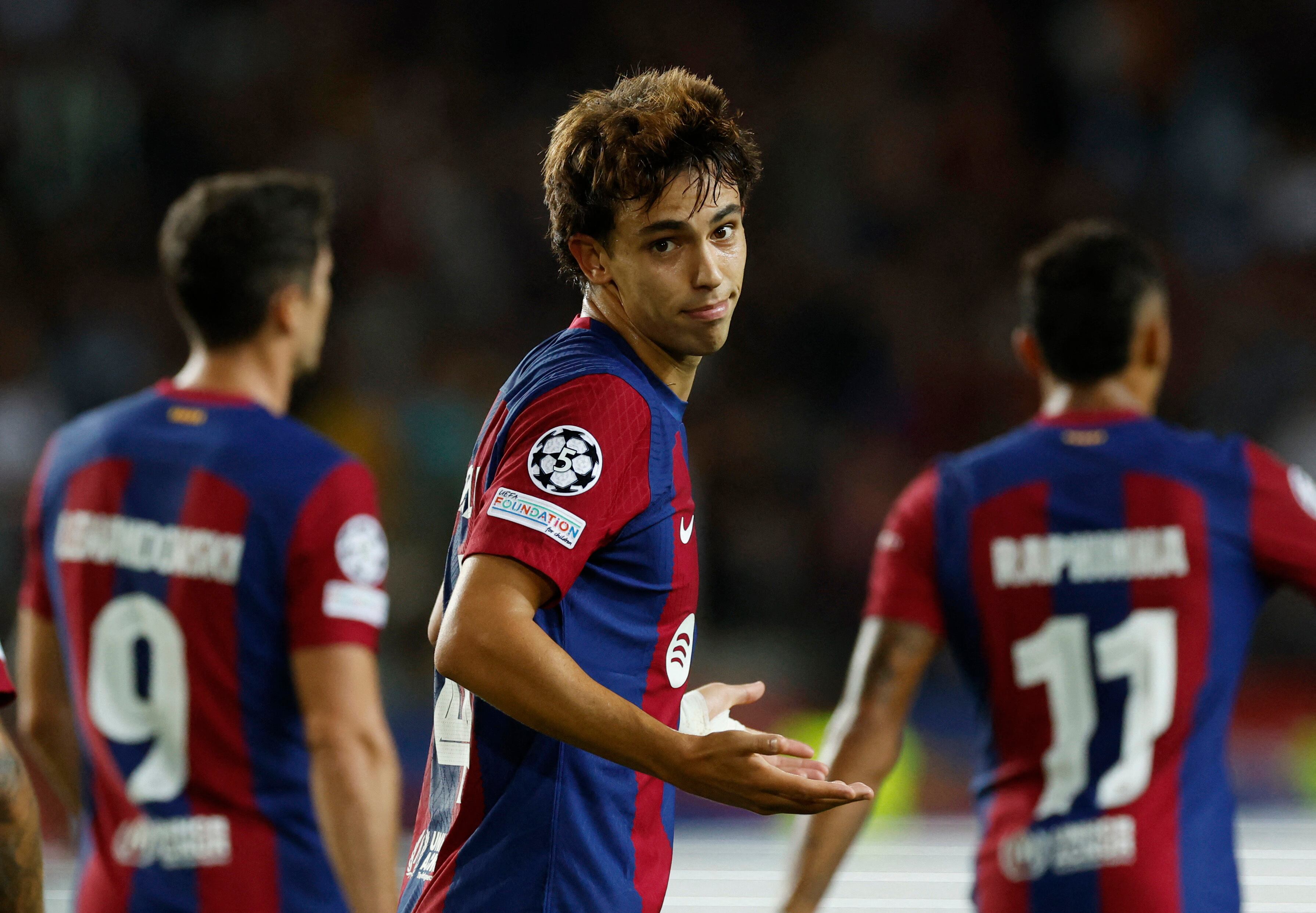 Soccer Football - Champions League - Group H - FC Barcelona v Royal Antwerp - Estadi Olimpic Lluis Companys, Barcelona, Spain - September 19, 2023 FC Barcelona's Joao Felix celebrates scoring their fifth goal REUTERS/Albert Gea