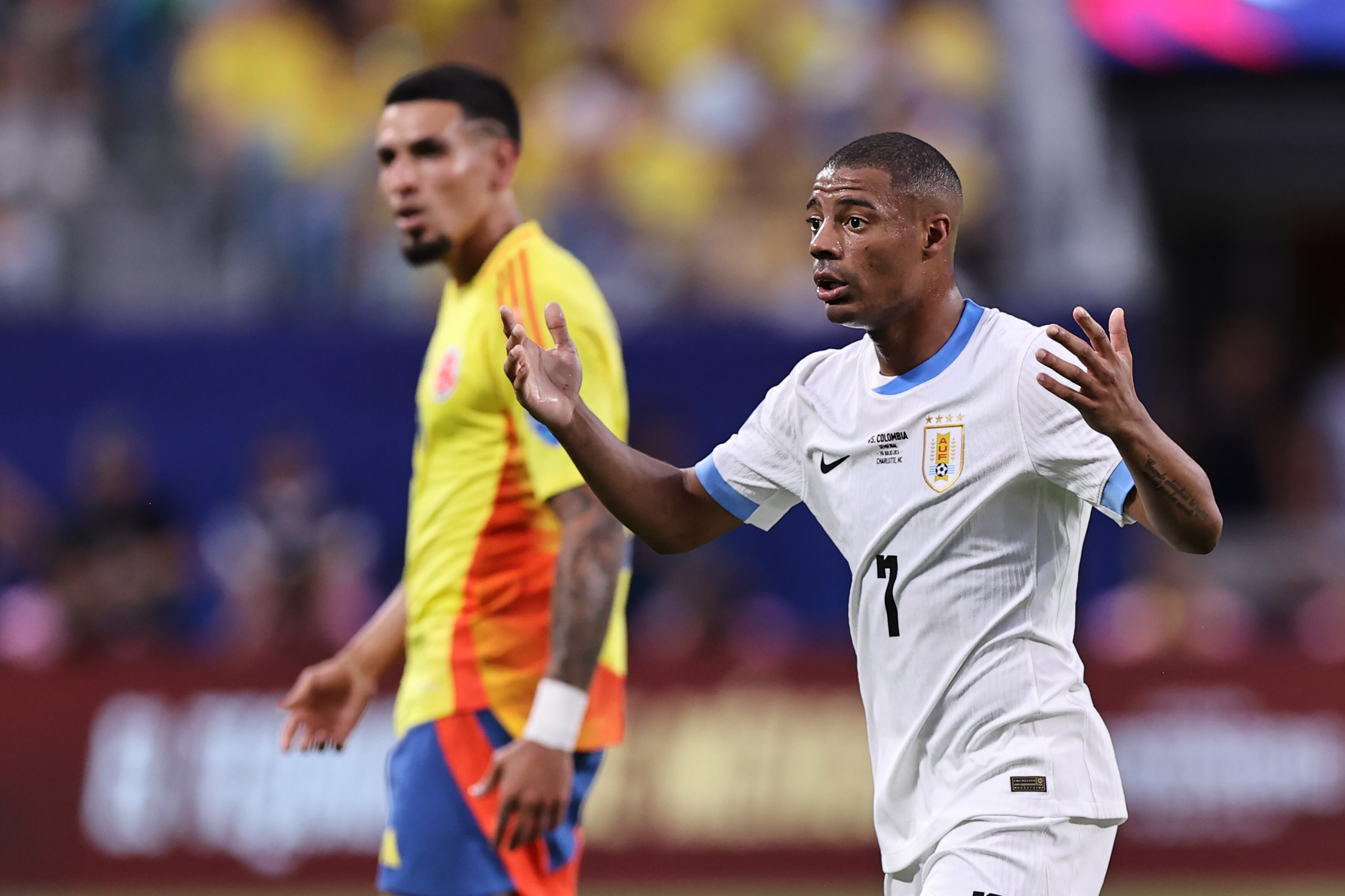 CHARLOTTE, NORTH CAROLINA - JULY 10: Nicolas De La Cruz of Uruguay gestures during the CONMEBOL Copa America 2024 semifinal match between Uruguay and Colombia at Bank of America Stadium on July 10, 2024 in Charlotte, North Carolina. (Photo by Omar Vega/Getty Images)