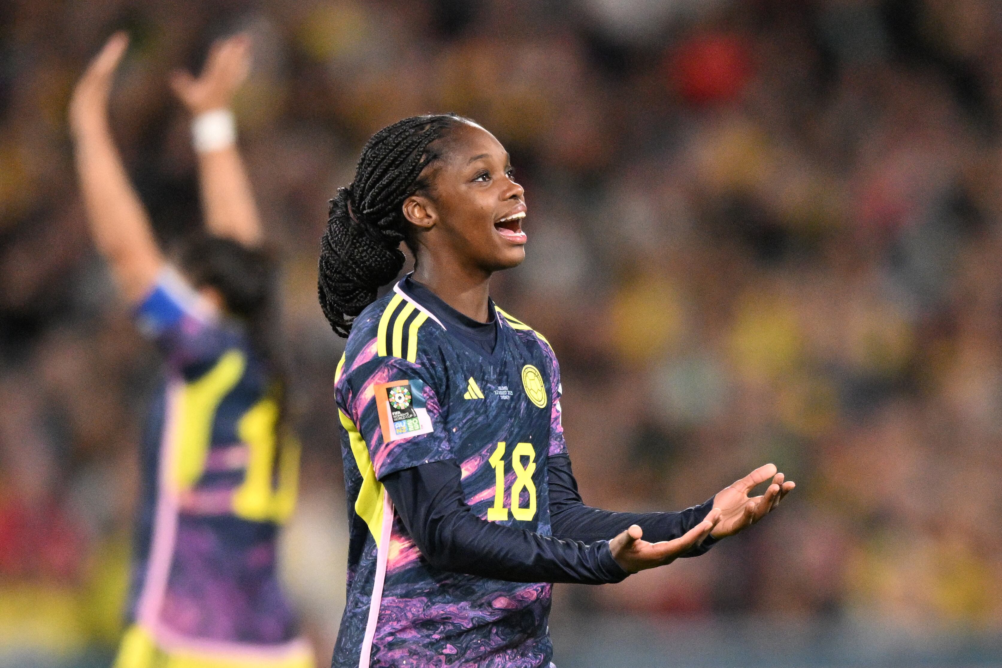 Colombia's forward #18 Linda Caicedo reacts during the Australia and New Zealand 2023 Women's World Cup quarter-final football match between Colombia and England at Stadium Australia in Sydney on August 12, 2023. (Photo by Izhar KHAN / AFP)