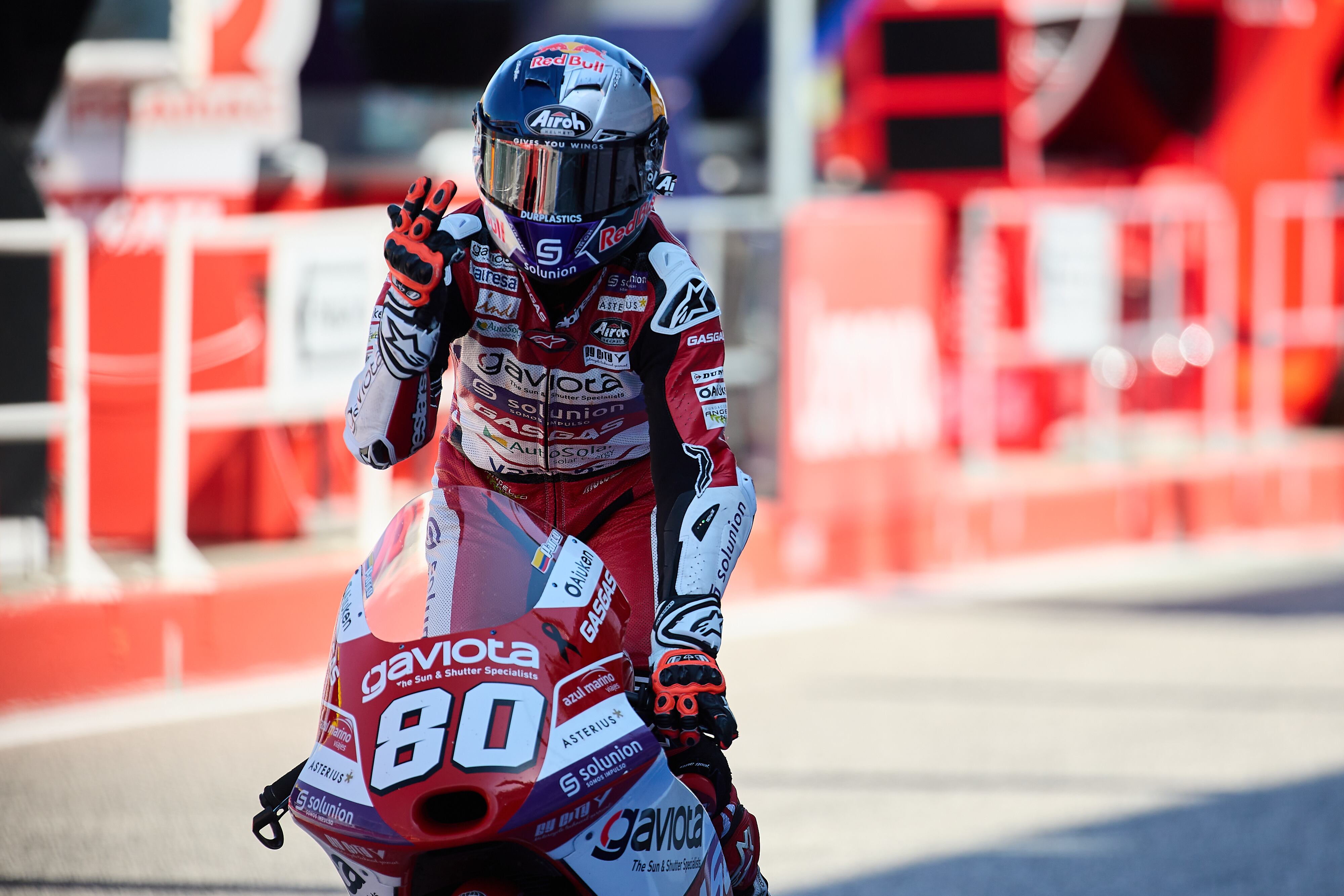 MISANO ADRIATICO, ITALY - SEPTEMBER 10: David Alonso of Colombia and GASGAS Aspar Team celebrates after winning the Grand Prix of Moto 3 ahead the MotoGP Grand Prix Of San Marino at Misano World Circuit on September 10, 2023 in Misano Adriatico, Italy. (Photo by Emmanuele Ciancaglini/Ciancaphoto Studio/Getty Images)