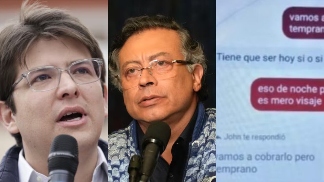 De izquierda a derecha: Miguel Uribe Turbay, Gustavo Petro y el chat en cuestión.