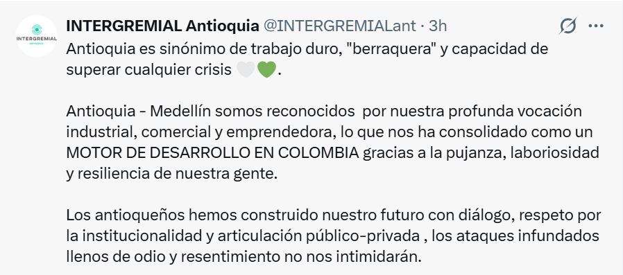 Mensaje del Comité Intergremial de Antioquia