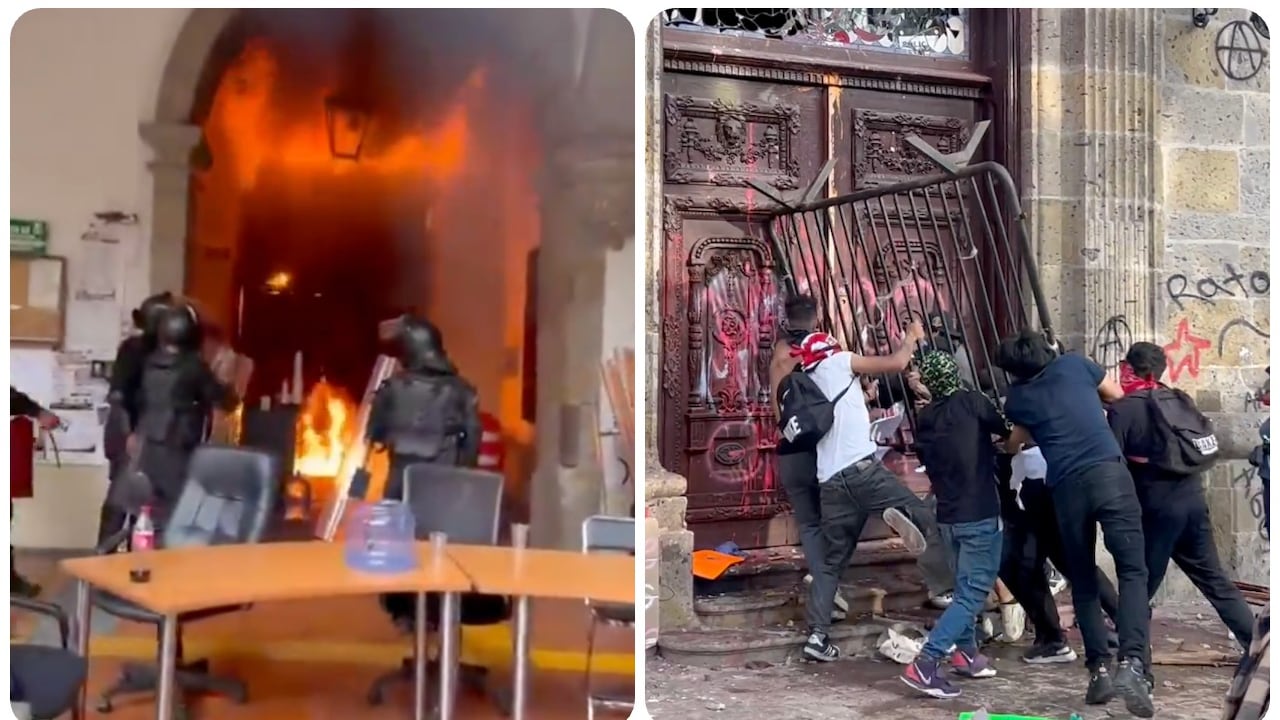 Manifestantes intentan ingresar al Palacio de Gobierno de Jalisco en México.