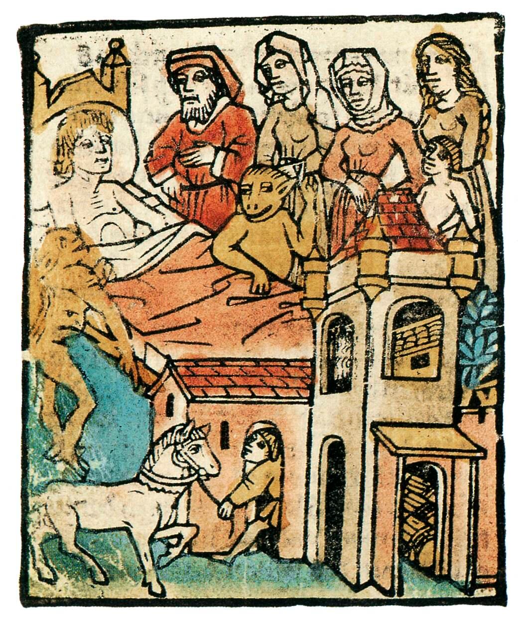 Contestación a través de las cosas mundanas, Ars moriendi. Gutenberg Museum/Wikimedia Commons