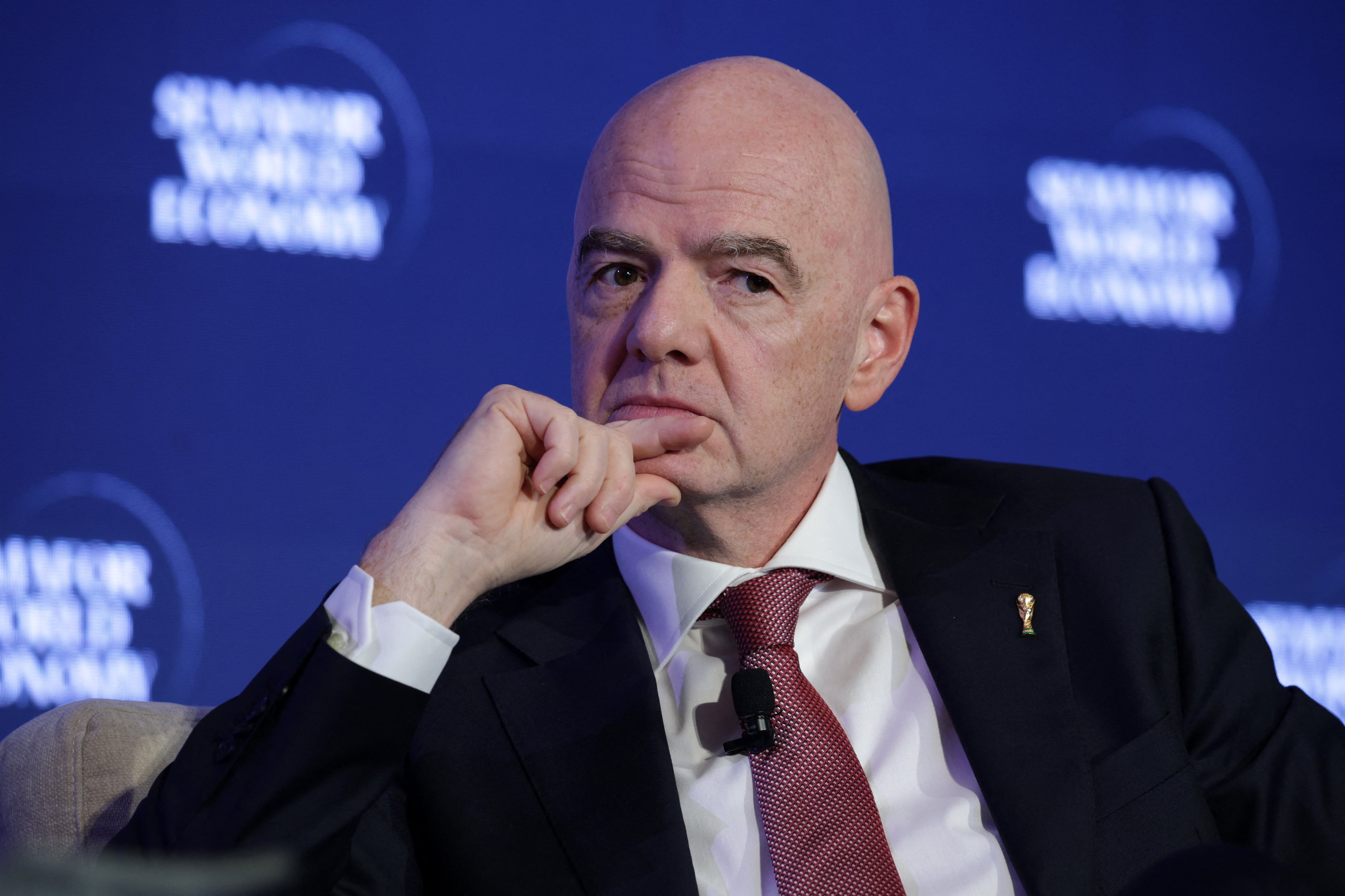 WASHINGTON, DC - APRIL 15: FIFA President Gianni Infantino speaks at the Semafor World Economy 2026 summit on April 15, 2026 in Washington, DC. The summit brings together business leaders and tech CEOs for discussions on economy, artificial intelligence and business trends. Alex Wong/Getty Images/AFP (Photo by ALEX WONG / GETTY IMAGES NORTH AMERICA / Getty Images via AFP)