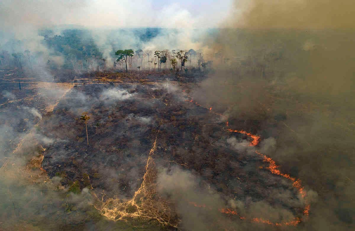 El fuego consume tierras recientemente deforestadas por ganaderos cerca de Novo Progresso, estado de Pará, Brasil, el domingo 23 de agosto de 2020. Los ambientalistas dicen que la Amazonía ha perdido alrededor del 17 % de su área original y temen que la corriente pueda llegar a un punto en los próximos 15 a 30 años después del cual podría dejar de generar suficiente lluvia para mantenerse. Foto: Andre Penner / AP