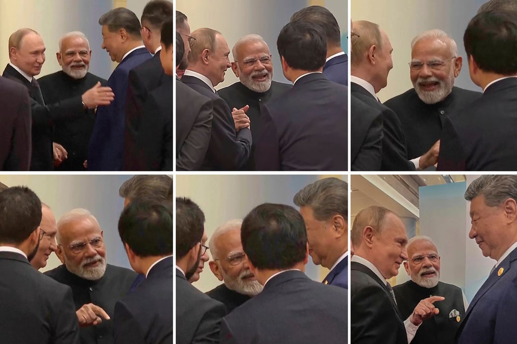 En esta fotografía combinada, el presidente ruso, Vladimir Putin (izquierda), el primer ministro indio, Narendra Modi (centro), y el presidente chino, Xi Jinping, conversan antes de la cumbre de la Organización de Cooperación de Shanghái (OCS) en el Centro de Convenciones y Exposiciones Meijiang en Tianjin, China