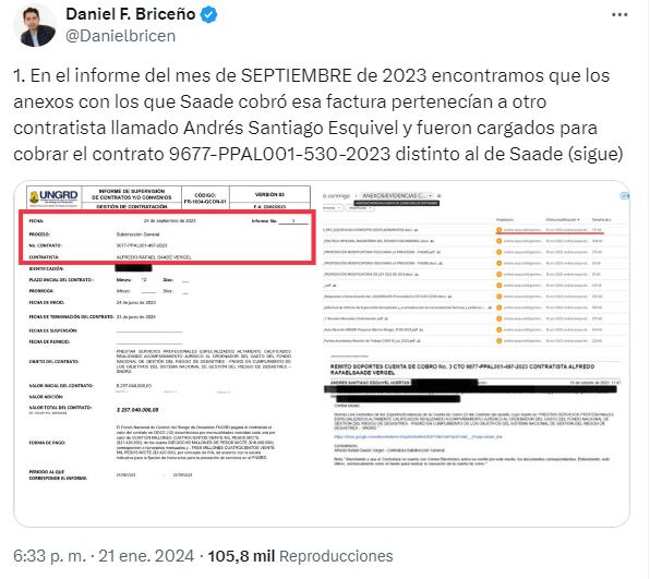 Denuncia de Daniel Briceño contra Alfredo Saade por 'copiar'  informe de otro contratista para justificar contrato con Gestión del Riesgo
