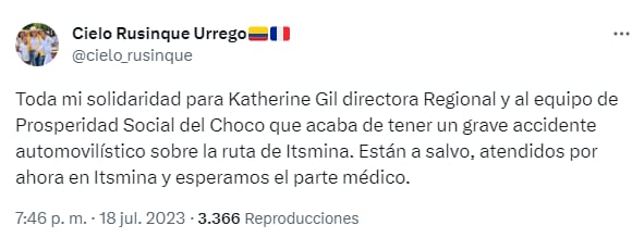Cielo Rusinque confirmó que un equipo de Prosperidad Social sufrió un accidente en Chocó.