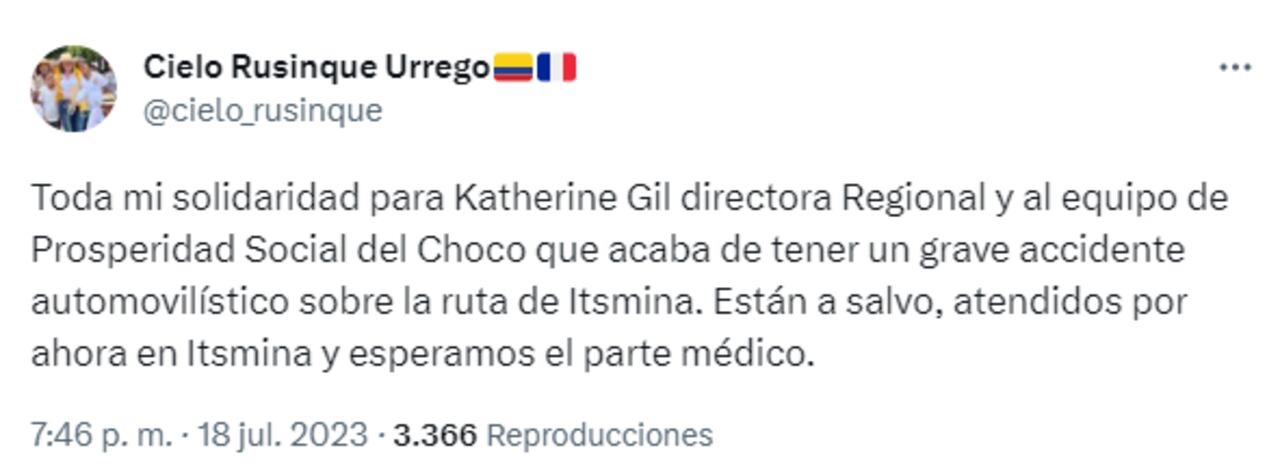 Cielo Rusinque confirmó que un equipo de Prosperidad Social sufrió un accidente en Chocó.